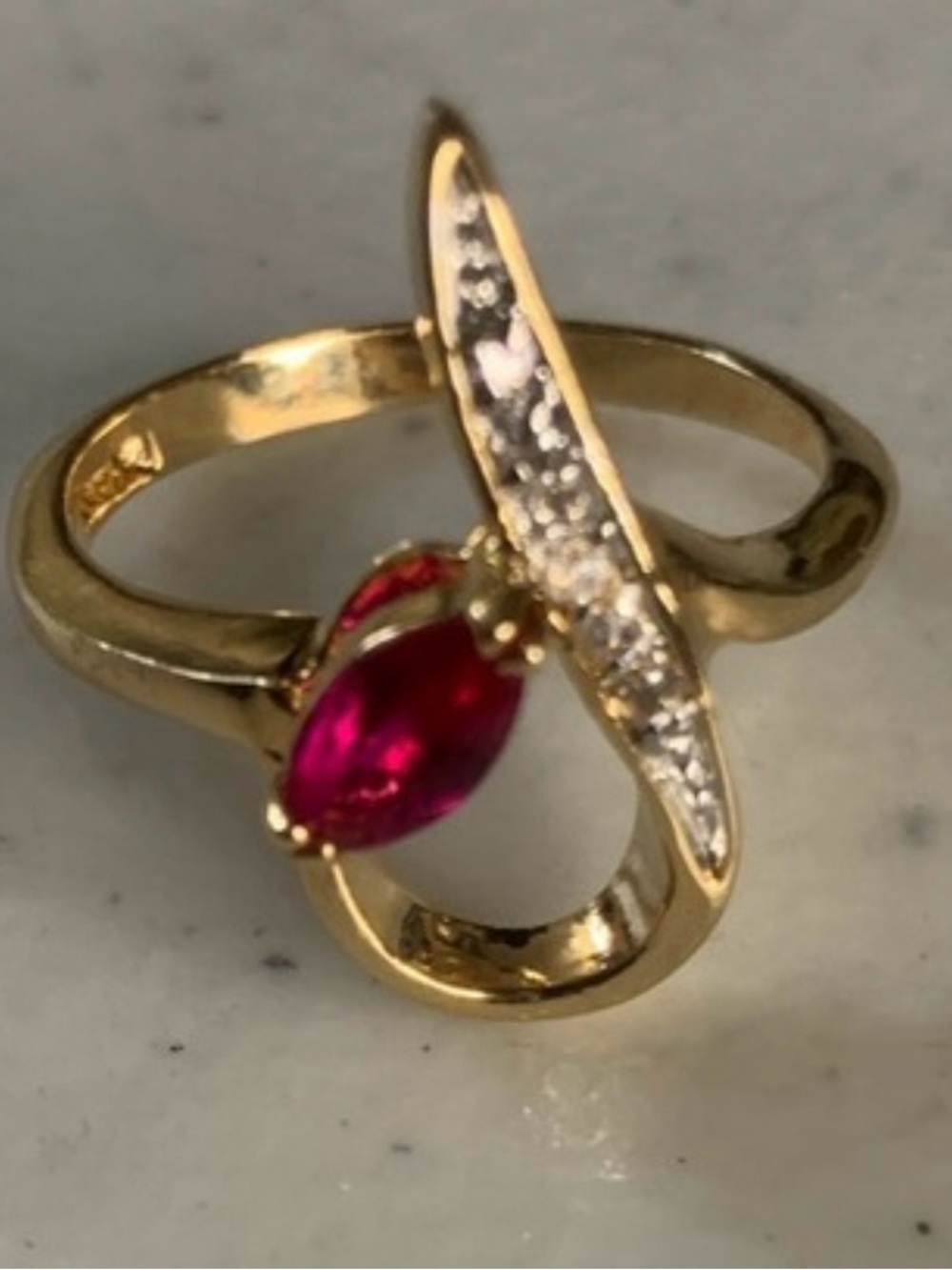 18k Gold Plated Ring with Red Ruby Gemstone and Clear Accents